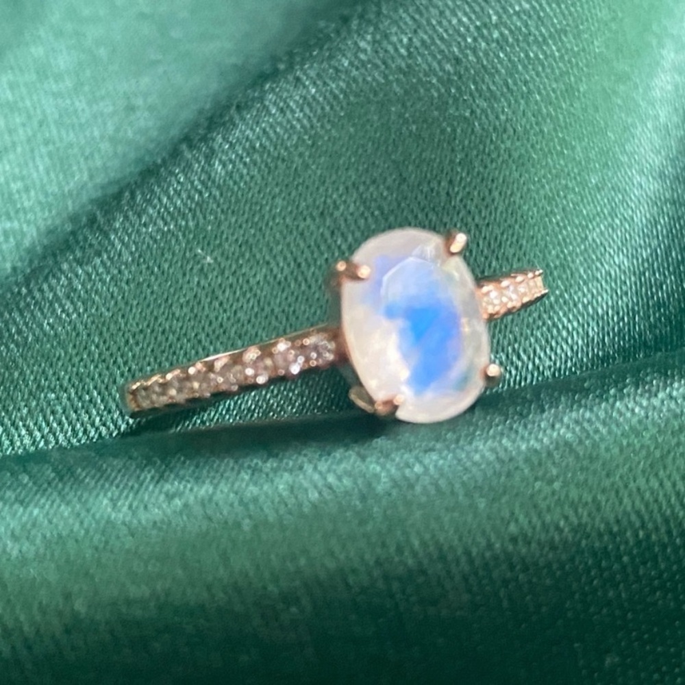 AAA+ Rainbow Moonstone & White Topaz Ring | 14K Rose Gold Over Sterling Silver